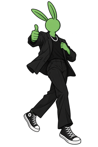Fengmatu: a green rabbit in a black suit, pearl necklace and high-top shoes